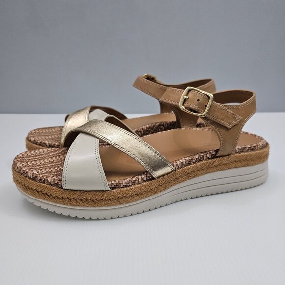 Vionic Mar Sandal Womens 10 Stappy Tan Metallic Gold Leather Platform Espadrille - Picture 1 of 15